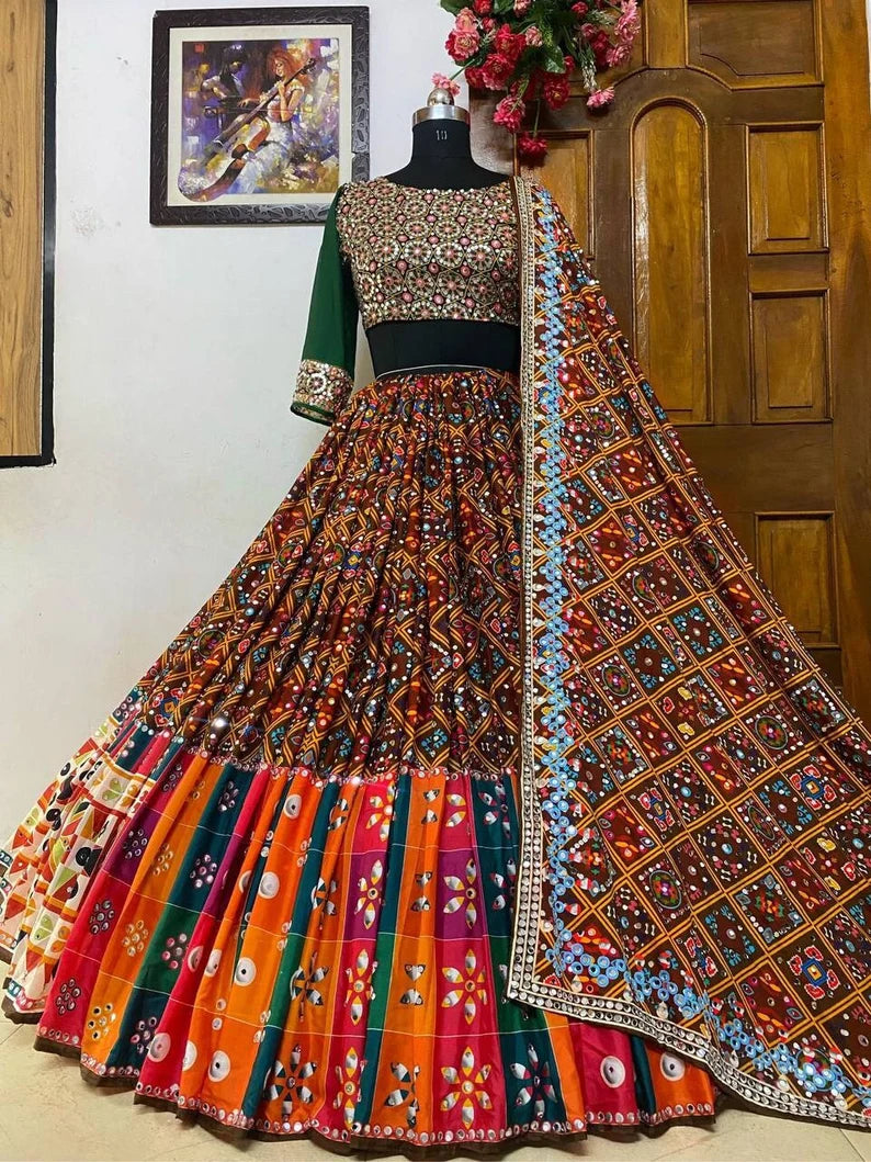 Navratri speical butter silk lehenga choli heavy printed chaniya choli real mirror work dandiya dress Navratri Pooja lehenga choli set.