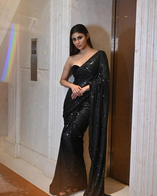 Bollywood Designer Party Wear Saree Black Sequin Saree for Weddings, Parties and Online latest Shopping 2023 with Designer Blouse