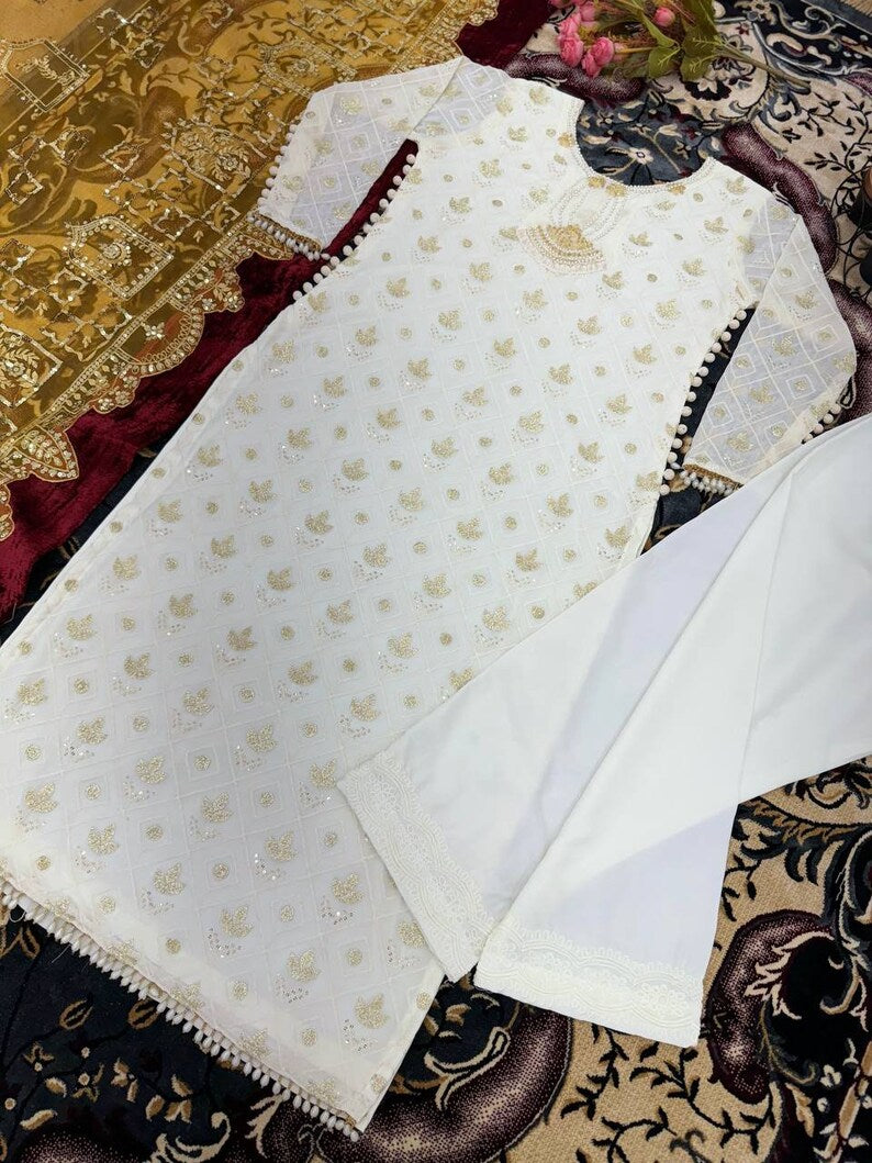 Wedding Special Classy off White Pakistani Kurta pant Set & Dupatta, Heavy Embroidered Work Readymade Suits for EID, Ramadan/Festive Wear