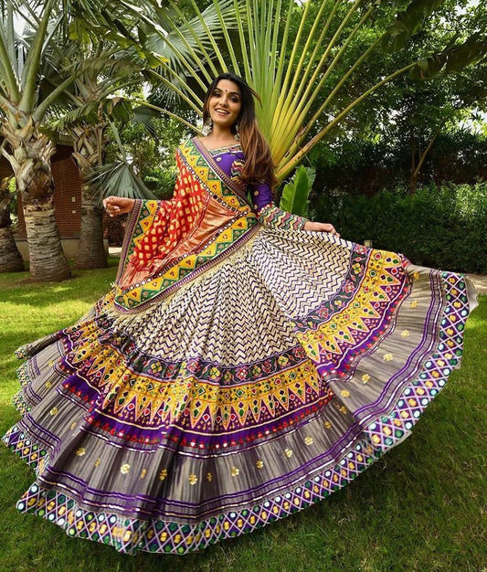 Navaratri Special Silk Lehenga Choli & Dupatta In Digital Print With Glued Real Mirror Work For Women For Garba Event, Navratri Pooja