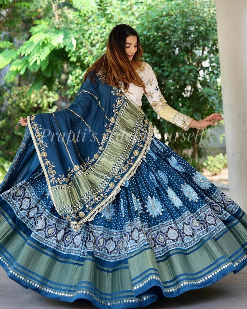 Navratri speical butter silk lehenga choli heavy printed chaniya choli real mirror work dandiya dress Navratri Pooja lehenga choli set.