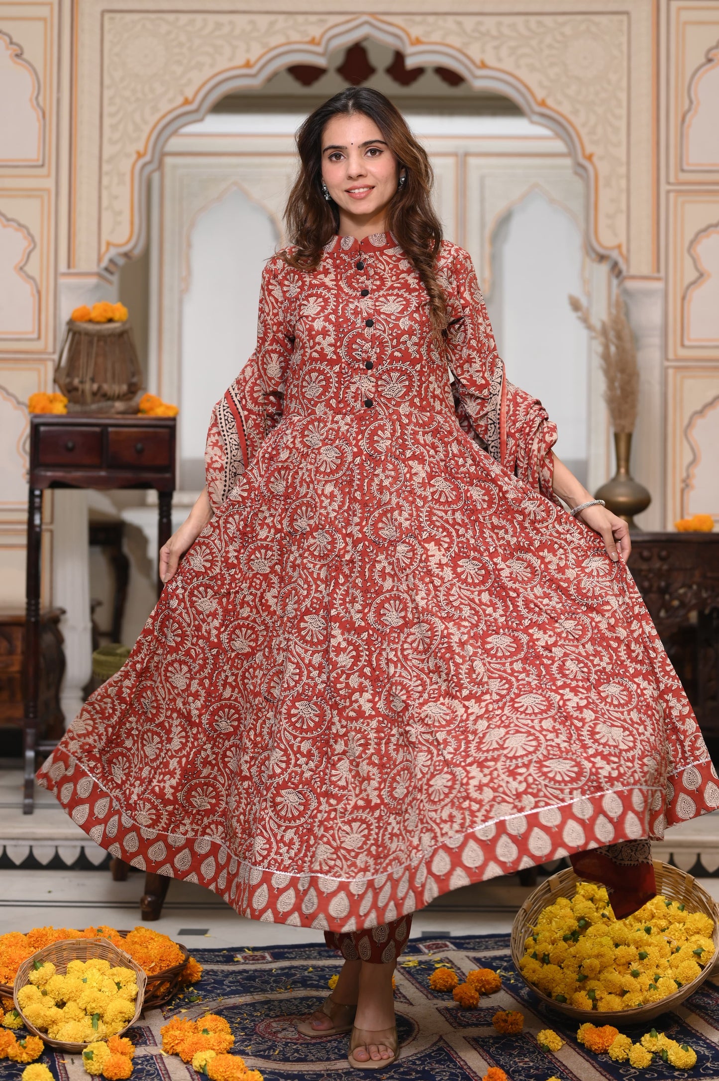 Bagru Handblock Printed Anarkali Kurti with Dupatta, 3 piece Readymade Partywear Flared Kurta Set for women