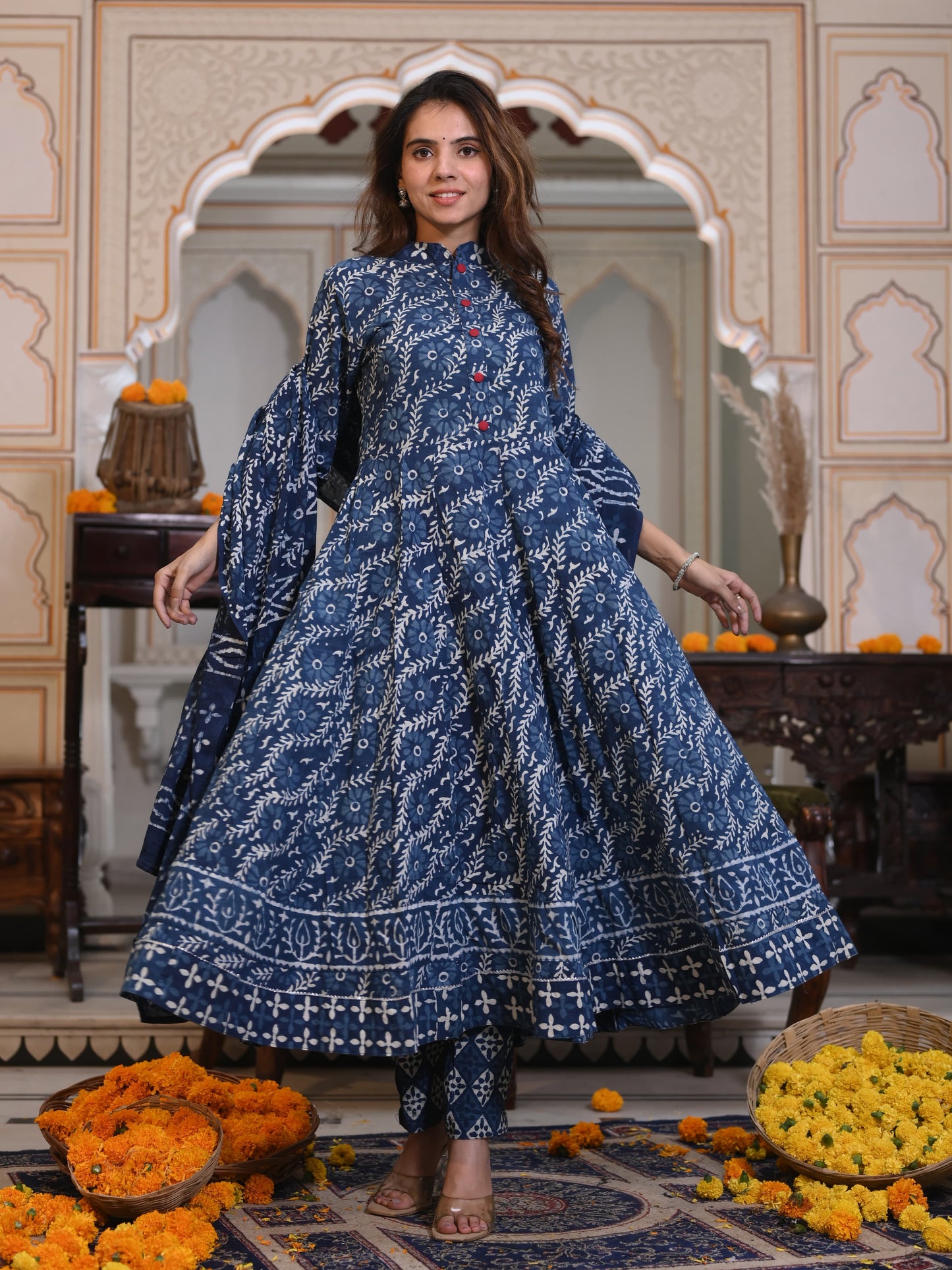 Bagru Handblock Printed Anarkali Kurti with Dupatta, 3 piece Readymade Partywear Flared Kurta Set for women