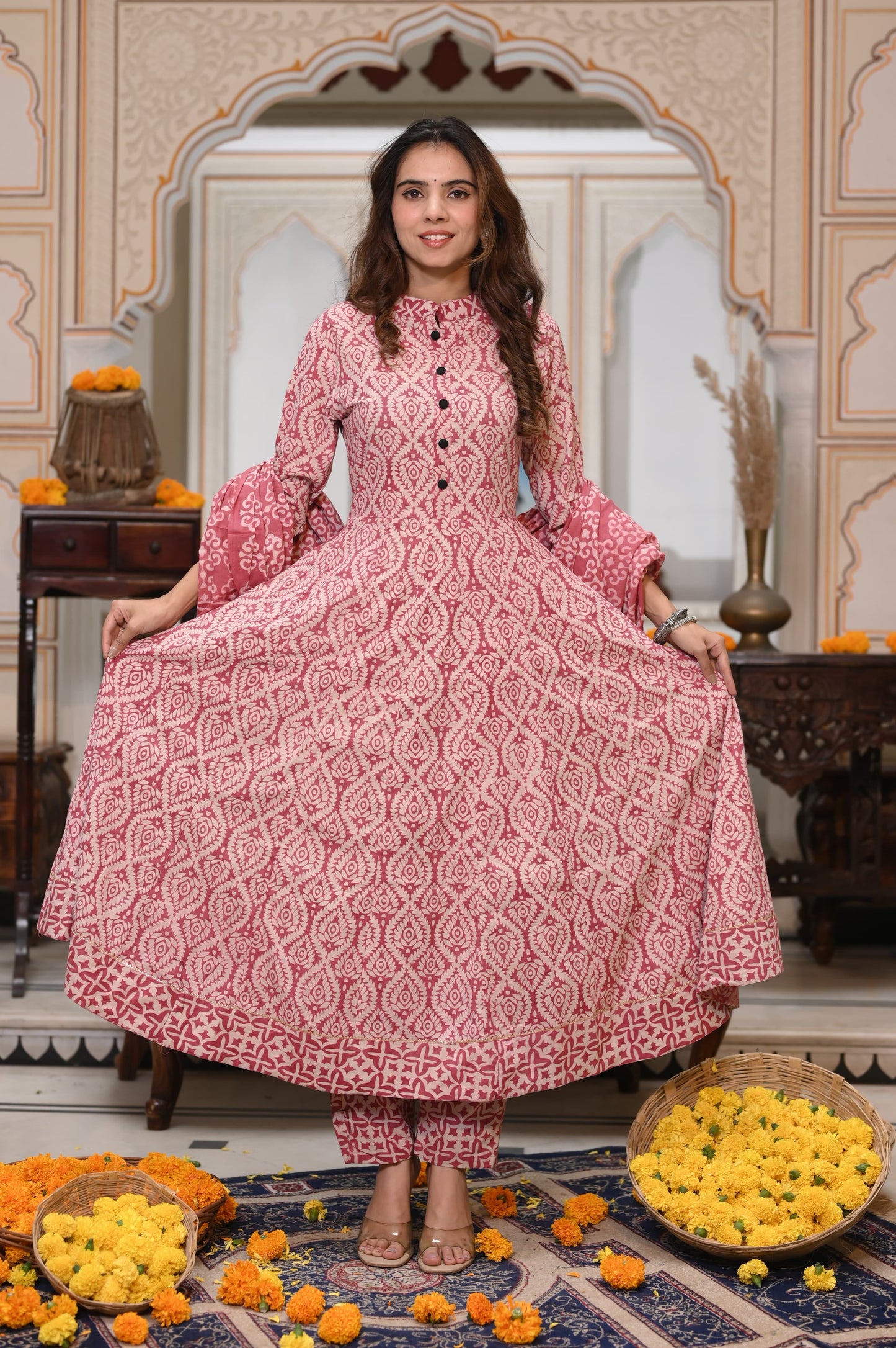 Bagru Handblock Printed Anarkali Kurti with Dupatta, 3 piece Readymade Partywear Flared Kurta Set for women