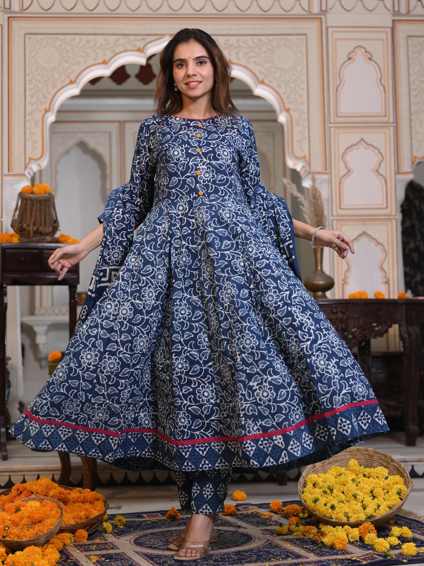 Bagru Handblock Printed Anarkali Kurti with Dupatta, 3 piece Readymade Partywear Flared Kurta Set for women