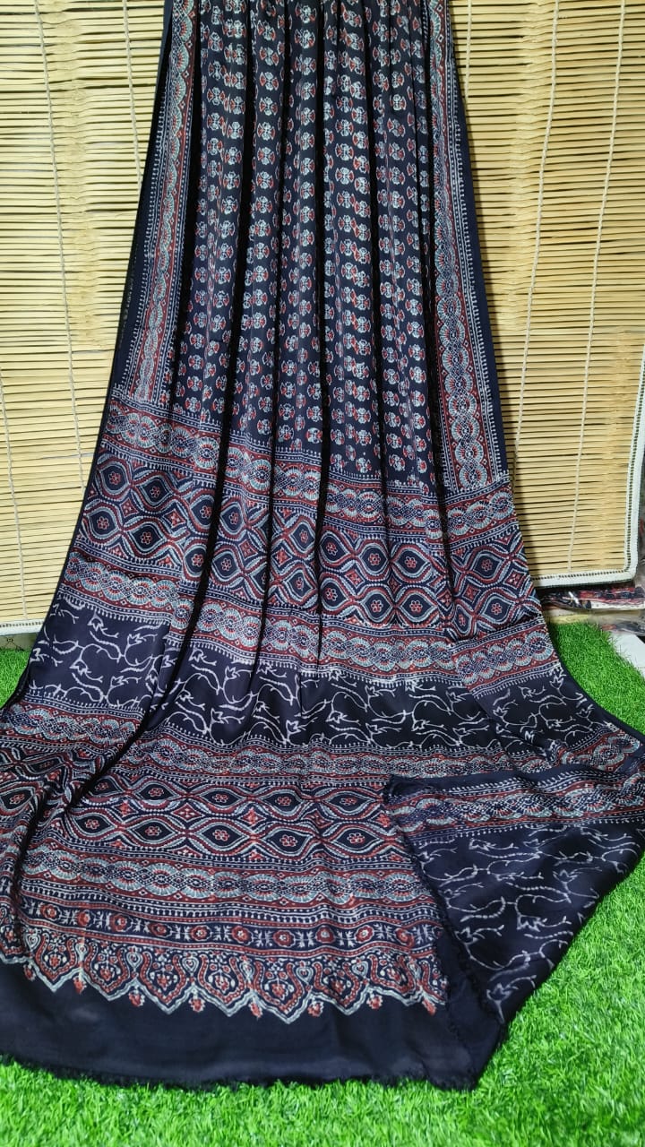 Azrakh Print Modal Silk Saree/Azrakh Saree/ Indian Azrakh Print Saree