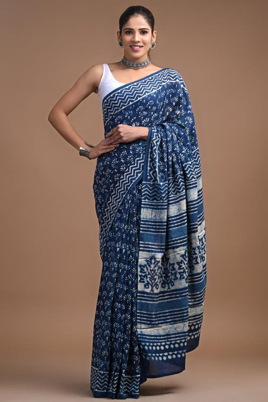 Blue Cotton Saree attached Unstitched Blouse | Cotton saree With Beautiful | Ethnic Indian Traditional Blouse Saree For Women