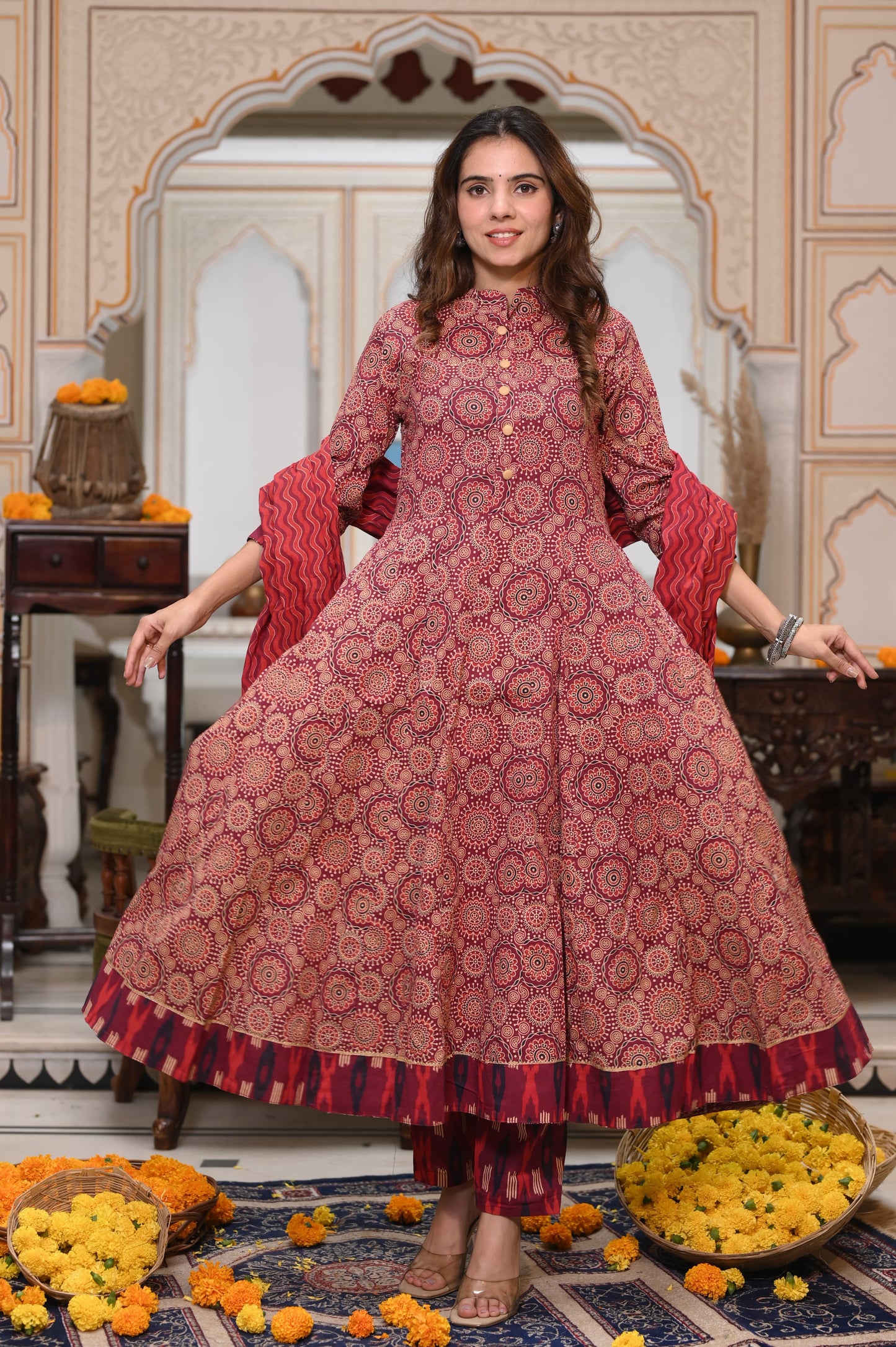 Bagru Handblock Printed Anarkali Kurti with Dupatta, 3 piece Readymade Partywear Flared Kurta Set for women