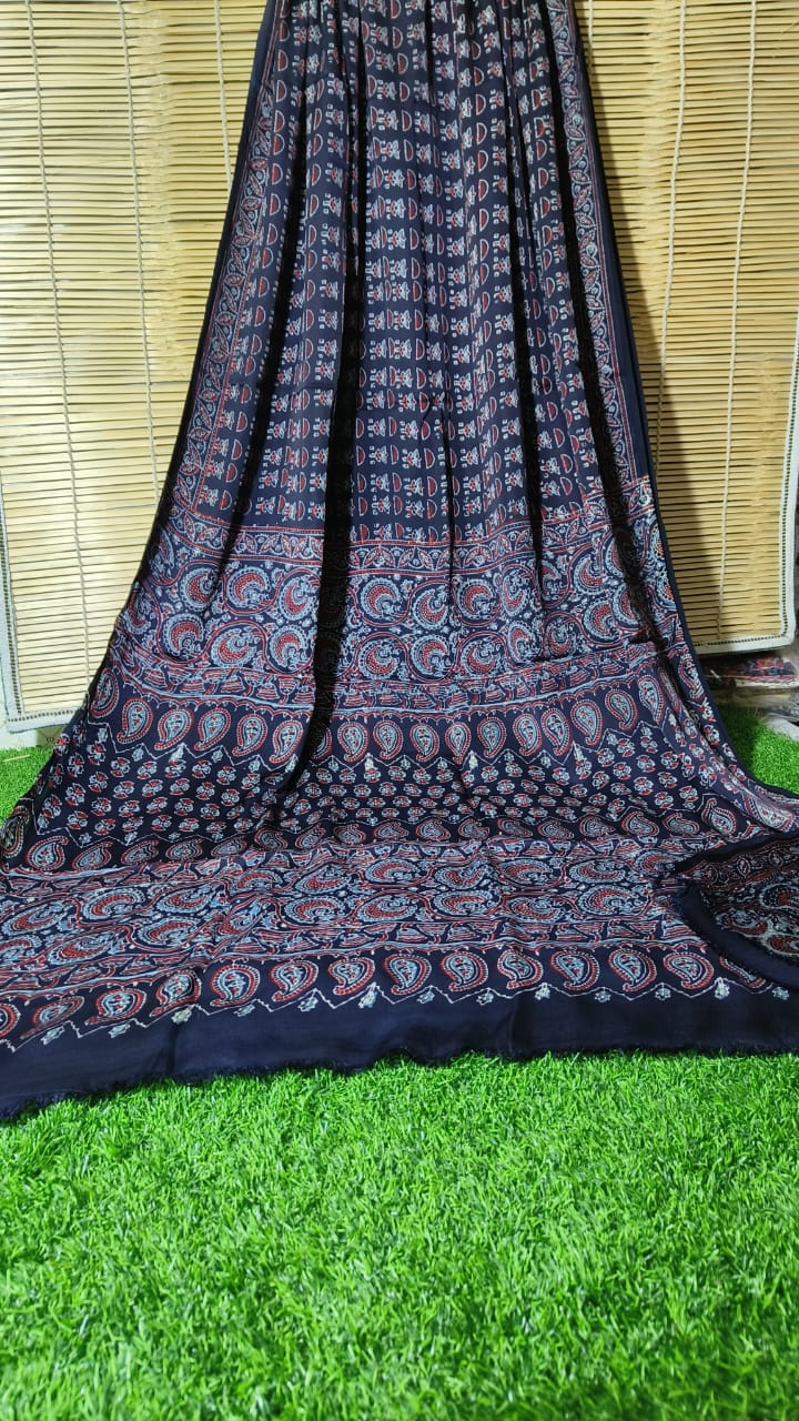 Azrakh Print Modal Silk Saree/Azrakh Saree/ Indian Azrakh Print Saree