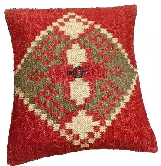 Kilim throw cushion 18x18inch / Square sofa cushion jute and wool mix with geometric pattern in autumn colours Indian Kilim