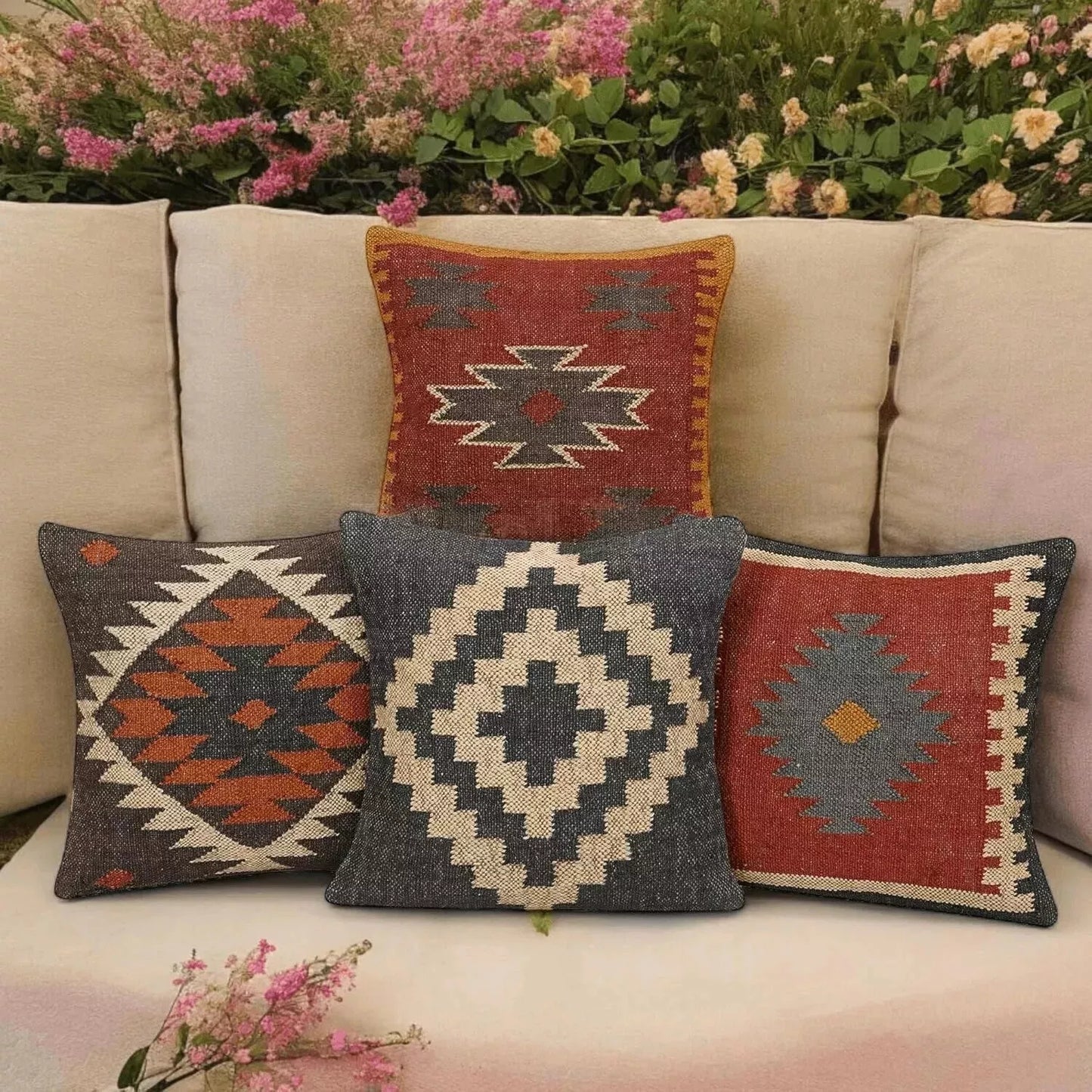 Set of 4 Wool Jute Vintage Kilim Cushion Cover 18x18 Home Decor Pillow Cases Throw Cushion Cover Set For Living Sofa and Bedroom Pillow