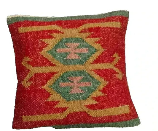 Indian Jute Kilim Cushion Cover Throw Pillow 18" Square Home Decor Handmade Wool