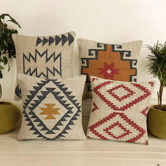 Set of 4 Traditional Pattern Pillow Cover, Rug Design Pillow Cases, kilim jute  Pattern Throw Pillow Topper, Southwestern Pillow Sham, Home Decor