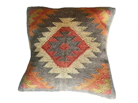 Indian Jute Kilim Cushion Cover Throw Pillow 18" Square Home Decor Handmade Wool