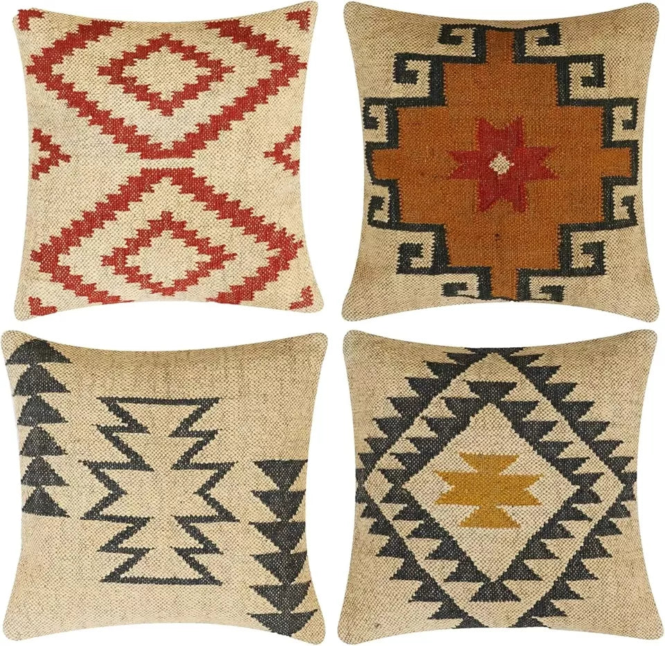 Set of 4 Traditional Pattern Pillow Cover, Rug Design Pillow Cases, kilim jute  Pattern Throw Pillow Topper, Southwestern Pillow Sham, Home Decor