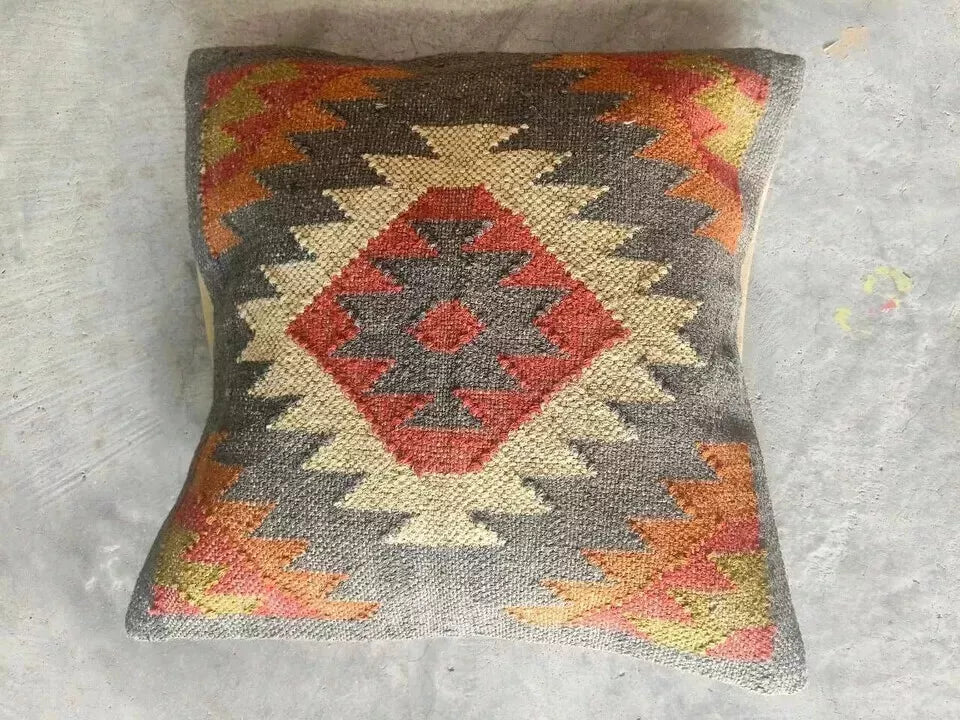 Indian Jute Kilim Cushion Cover Throw Pillow 18" Square Home Decor Handmade Wool