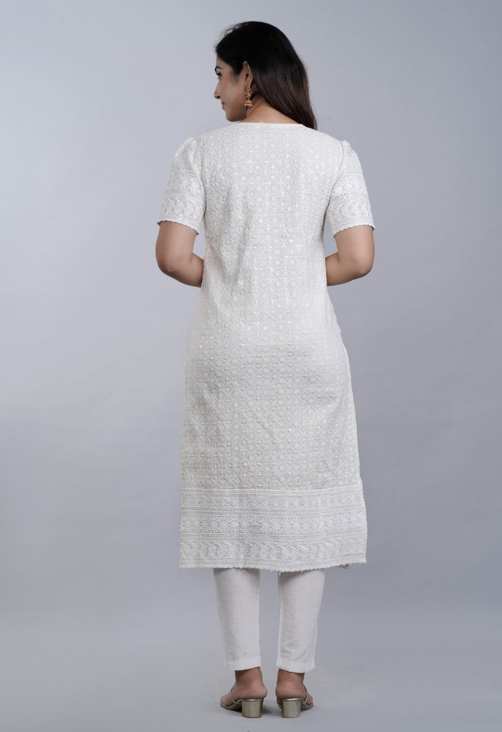 White Chickenkari Kurti pant Set