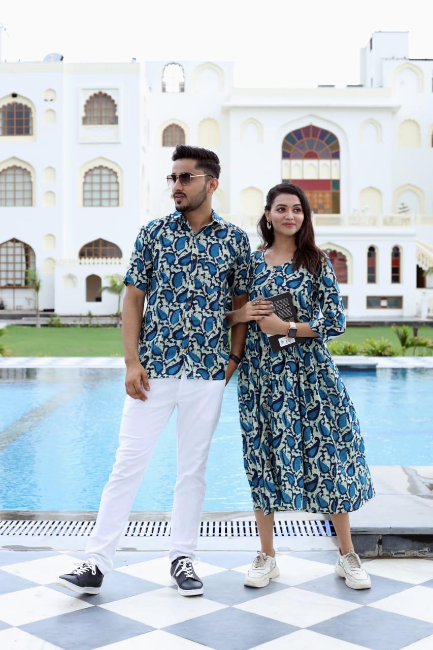 Super Soft Cotton Bright Hibiscus Couple Matching handblock fabric Shirt/Beach Dress - Wedding Group Bulk Quantities,