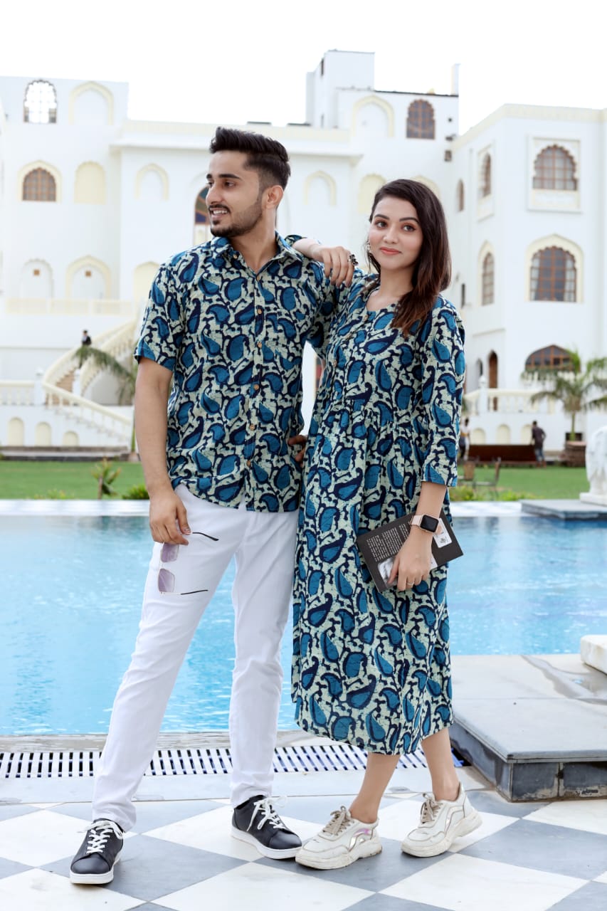 Super Soft Cotton Bright Hibiscus Couple Matching handblock fabric Shirt/Beach Dress - Wedding Group Bulk Quantities,