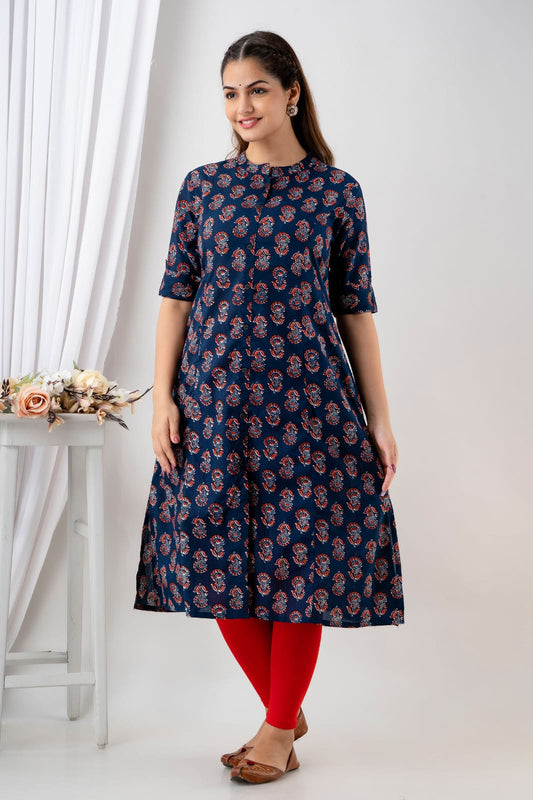 Beautiful Blue Print A Line kurta with pocket, Indian Designer Festive/ Partywear Kurta Readymade