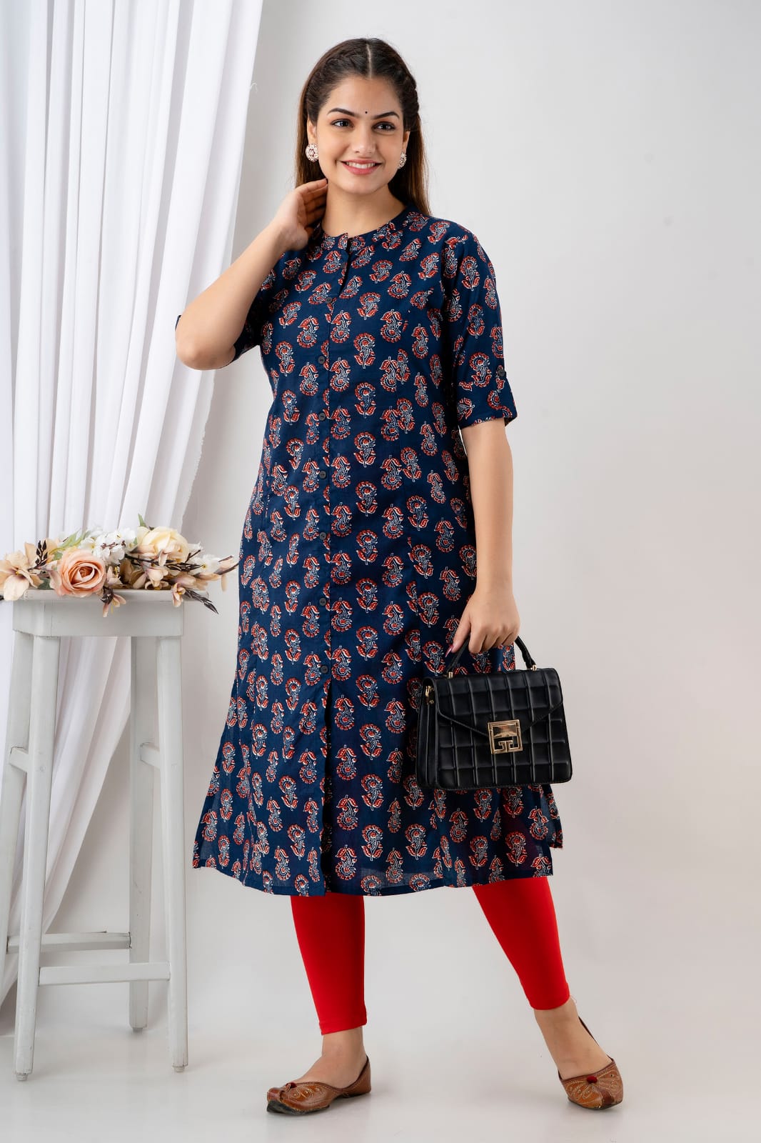 Beautiful Blue Print A Line kurta with pocket, Indian Designer Festive/ Partywear Kurta Readymade