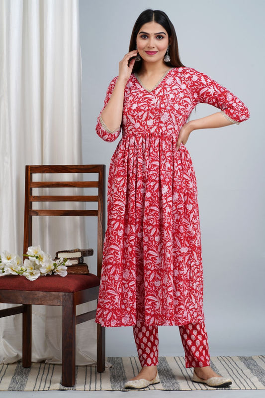 Block Printed Indian Handmade Heavy Cotton Women Straight Kurti Pant, 2 Pieces Fully Readymade Stitched Dress Set.