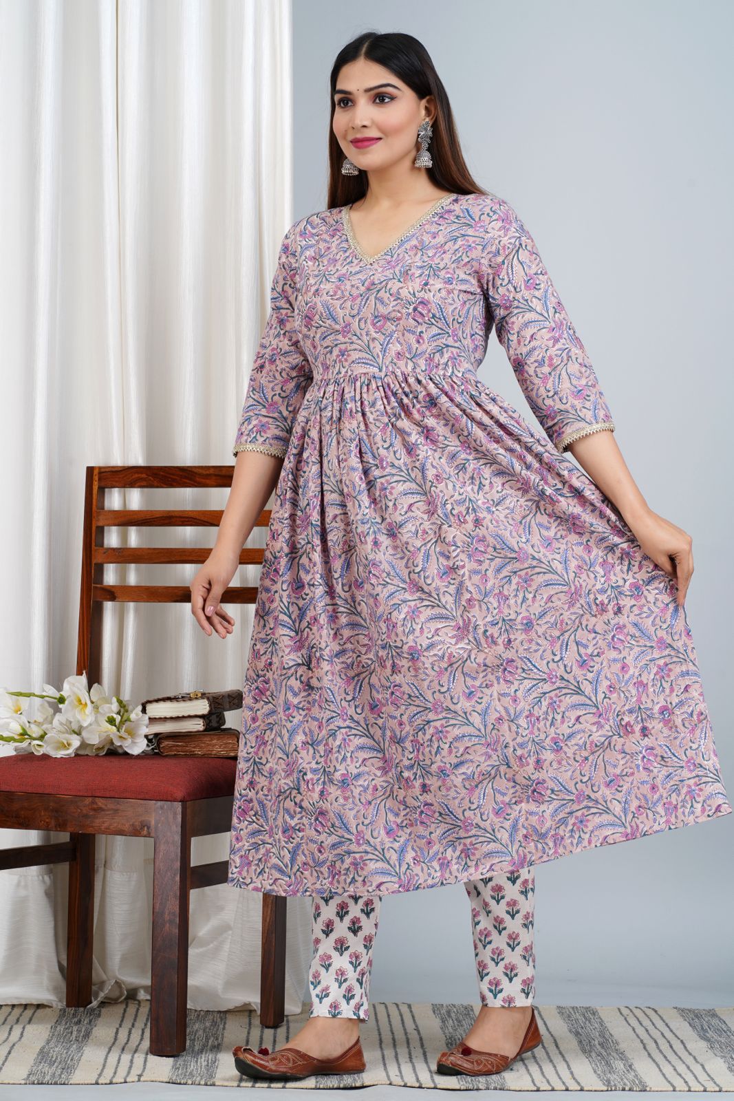 Pure cotton blue & white hand block floral print ethnic wear kurta set –  bellapinks