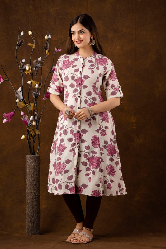 Princess cut aline kurta with both side pocket, wooden button on chest and sleeves in very fine quality cotton slub fabric Indian Kurti