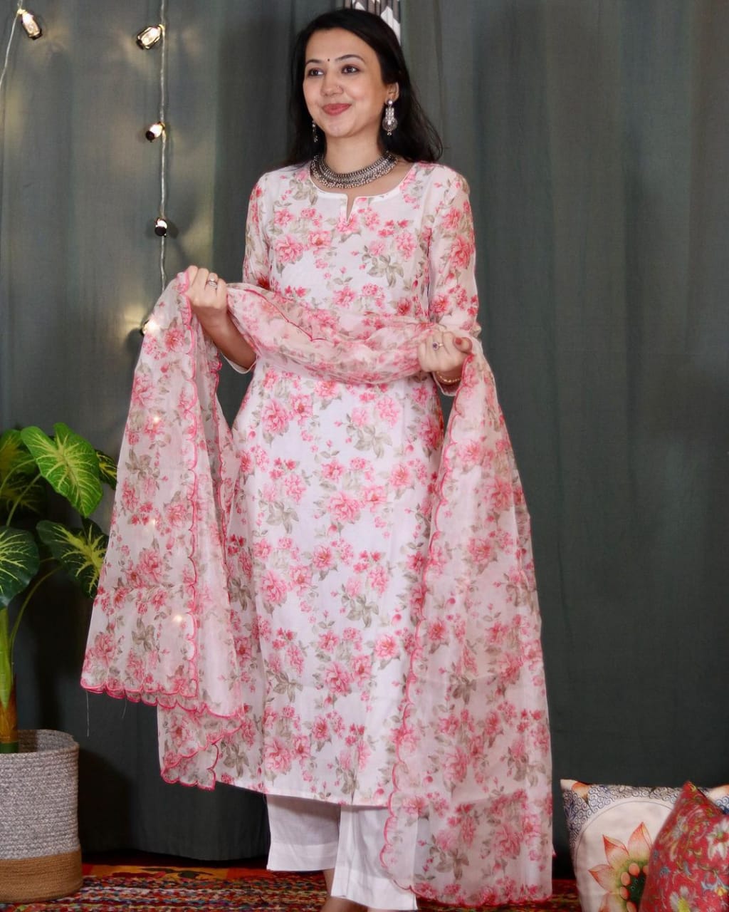 Baby Pink Floral Printed Designer Long Kurti With Dupatta – jusson