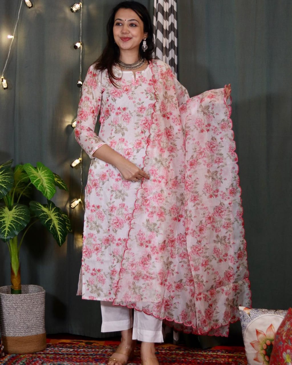 Floral Printed Organza Kurta with Pant & Organza Dupatta for Women, Indian Designer 3 Piece Readymade Salwar Kameez, Plus Size Festive Suit Set