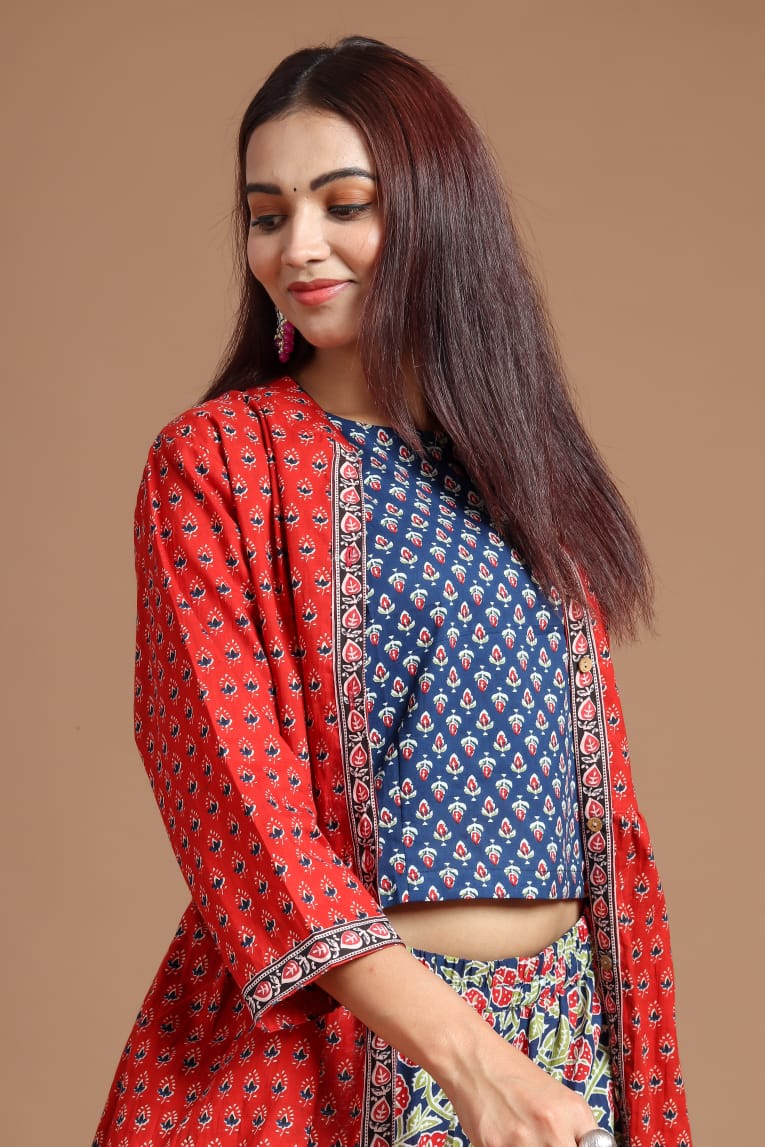 Women Printed Crop Top With Palazzo And Long Jacket, Indo Western Ethn –  azrakhkurtis