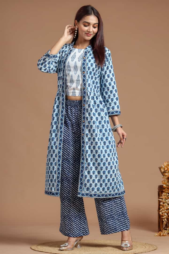 Indian Beautiful blue Color Crop Top Pant With Shrug Partywear Dress, Pakistani Printed Long Stylish Indo Weston, Readymade Full Stitched