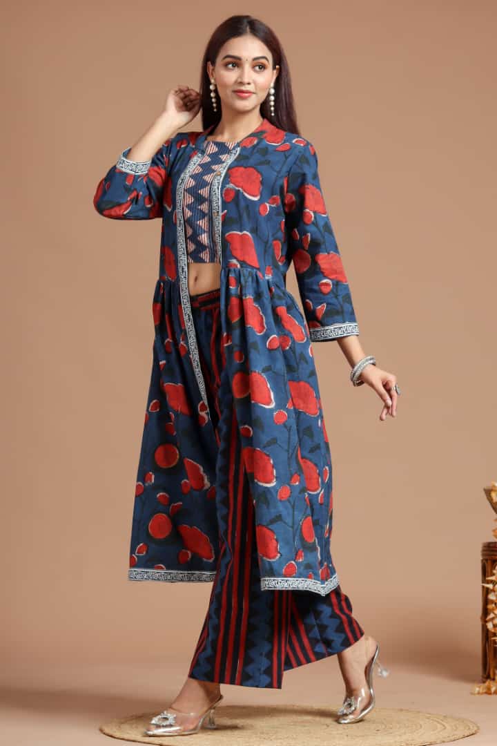 Women Crop Top With Pants And Long Jacket, Indo Western Ethnic Set for women, designer COTTON party wear suit for her