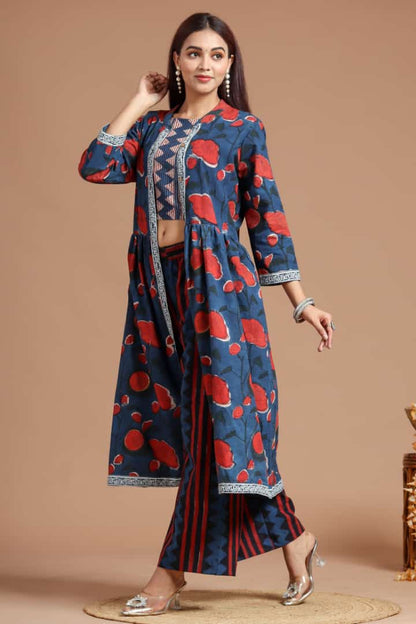 Women Crop Top With Pants And Long Jacket, Indo Western Ethnic Set for ...