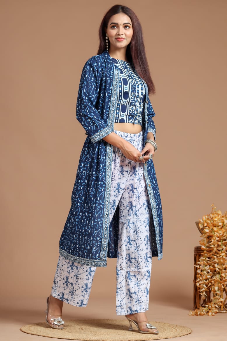 Indian Beautiful blue Color Crop Top Pant With Shrug Partywear Dress, Pakistani Printed Long Stylish Indo Weston, Readymade Full Stitched