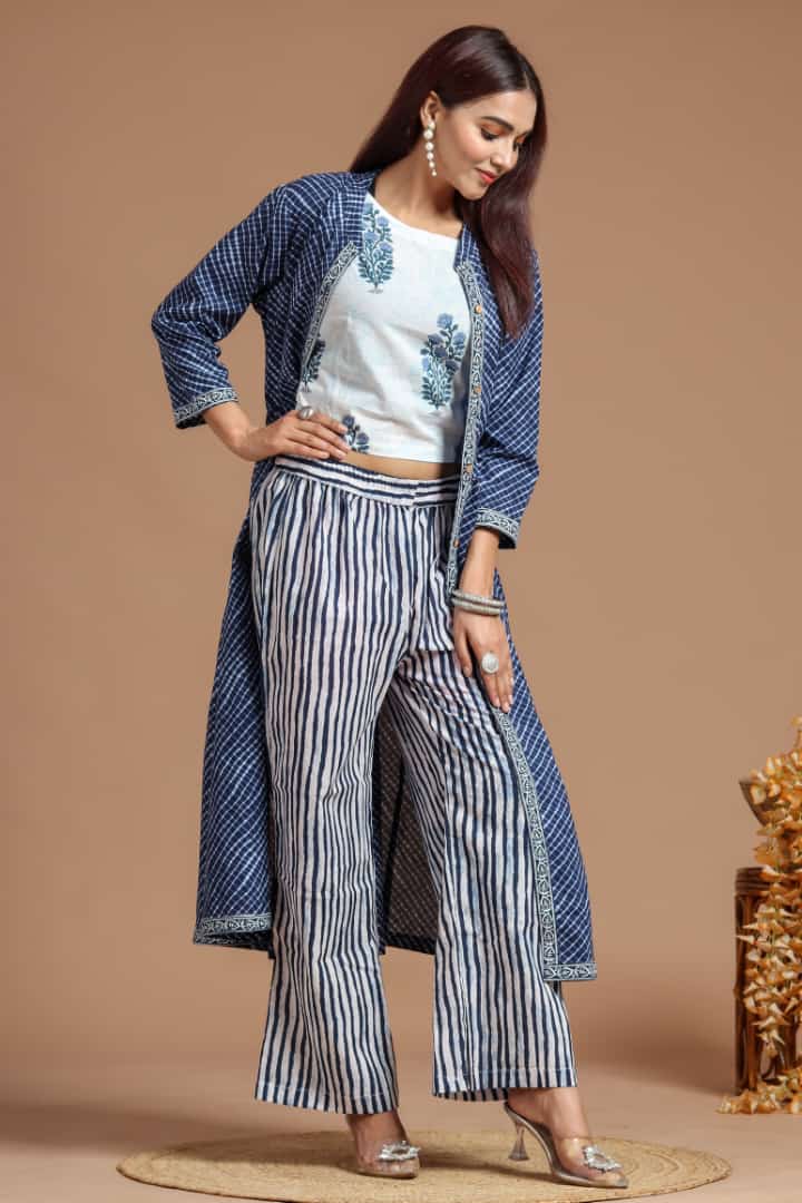 Indian Beautiful blue Color Crop Top Pant With Shrug Partywear Dress, Pakistani Printed Long Stylish Indo Weston, Readymade Full Stitched