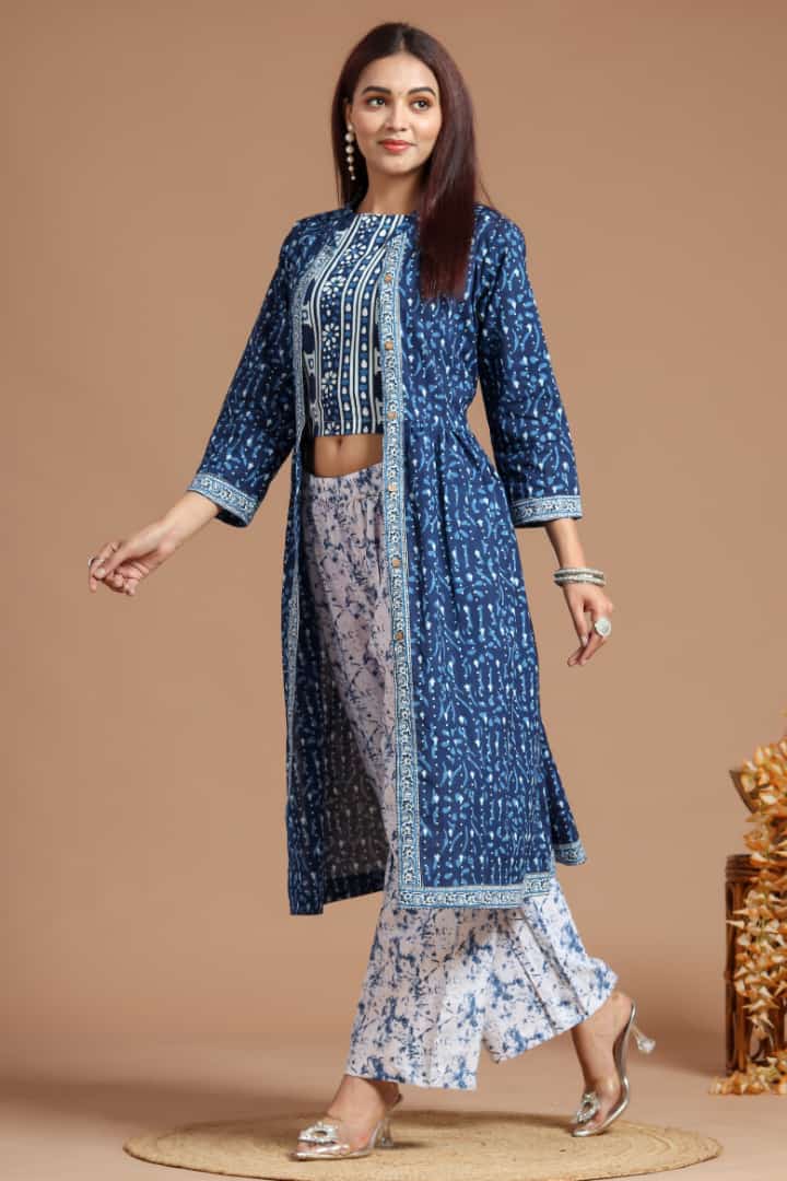 Indian Beautiful blue Color Crop Top Pant With Shrug Partywear Dress, Pakistani Printed Long Stylish Indo Weston, Readymade Full Stitched