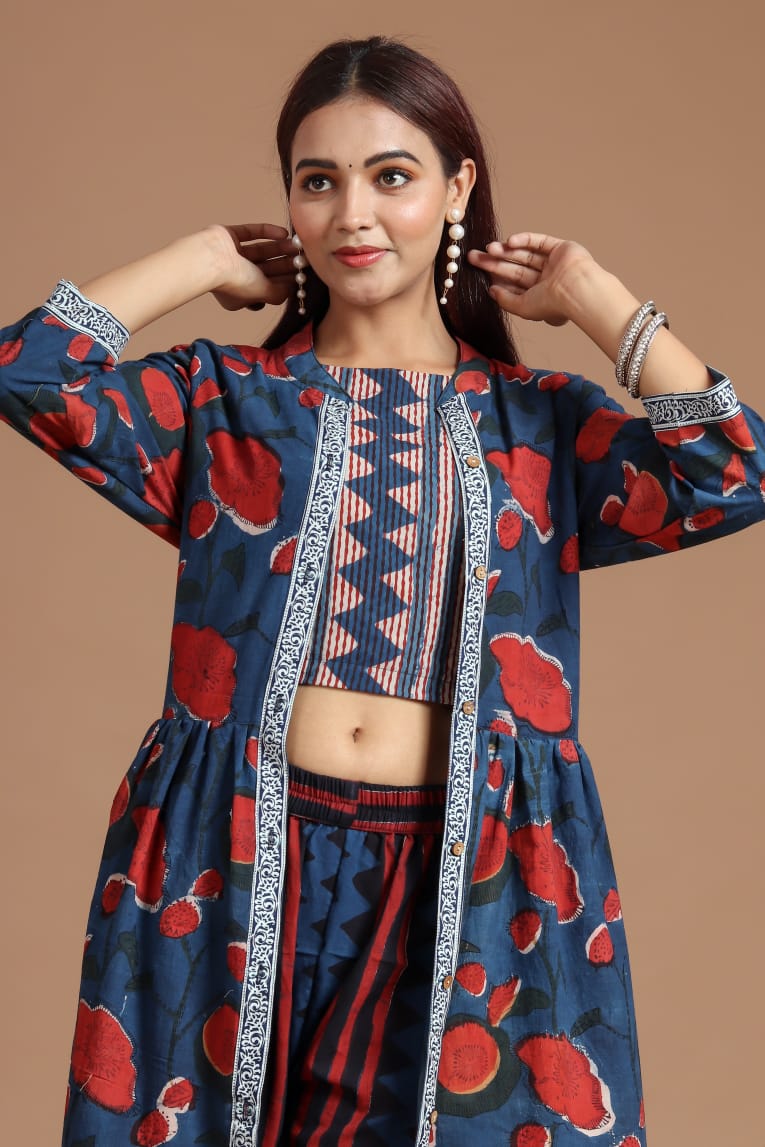 Women Crop Top With Pants and Shrug Set, Indo Western Ethnic Set