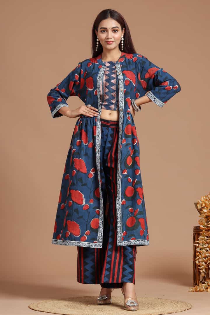 Women Crop Top With Pants And Long Jacket, Indo Western Ethnic Set for –  azrakhkurtis