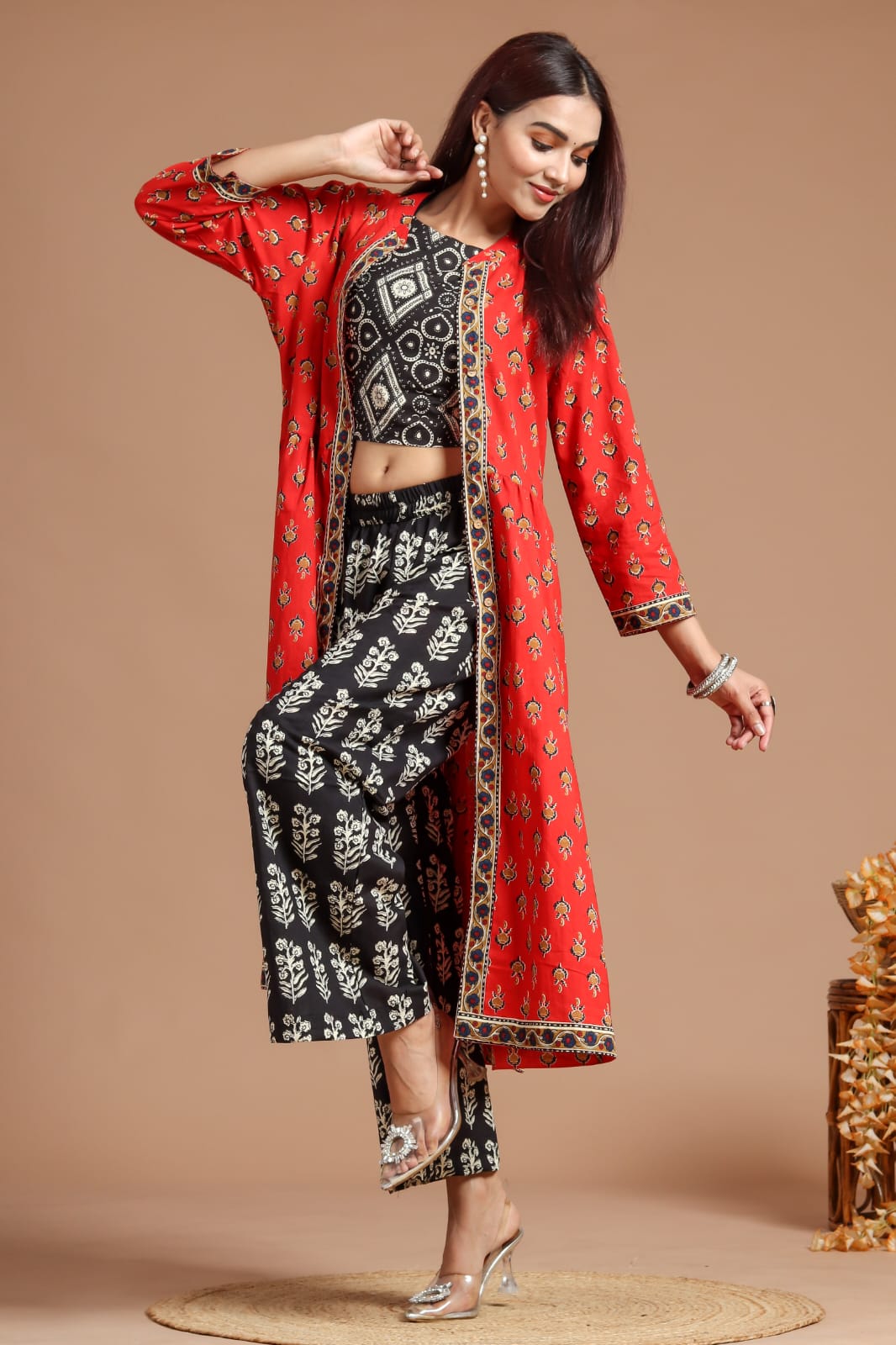 Women Printed Crop Top With Palazzo And Long Jacket, Indo Western Ethnic  Set for women, designer cotton party wear suit for her
