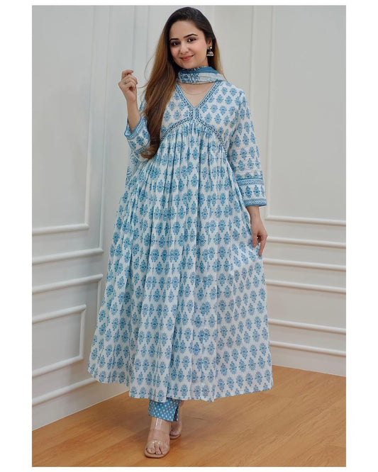 Ramadan Collection, Pakistani Nyra Cut Designer Long Flared Cotton Anarkali Kurta with Pant & Dupatta, Ramadan Collection3 piece Readymade Partywear Flared Kurta Set for women