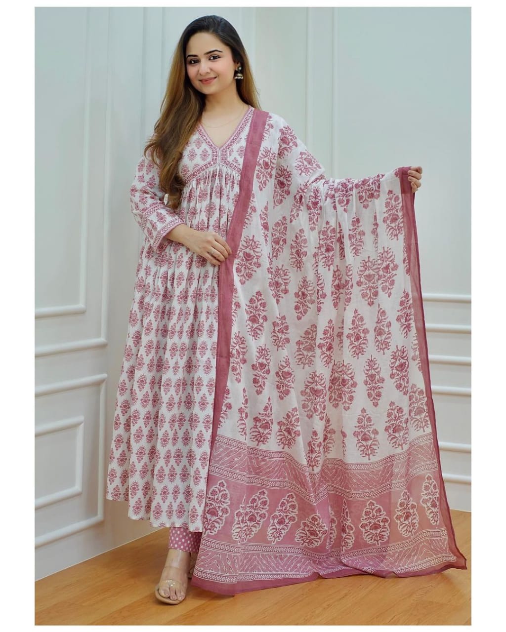 Ramadan Collection, Pakistani Nyra Cut Designer Long Flared Cotton Anarkali Kurta with Pant & Dupatta, Ramadan Collection3 piece Readymade Partywear Flared Kurta Set for women