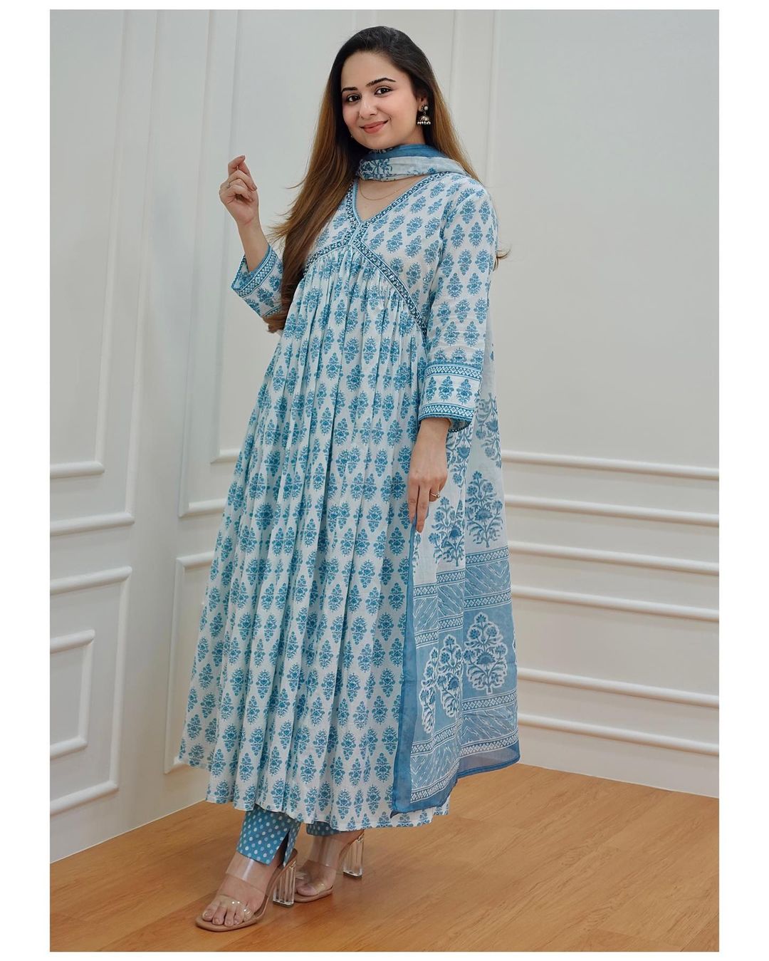 Ramadan Collection, Pakistani Nyra Cut Designer Long Flared Cotton Anarkali Kurta with Pant & Dupatta, Ramadan Collection3 piece Readymade Partywear Flared Kurta Set for women