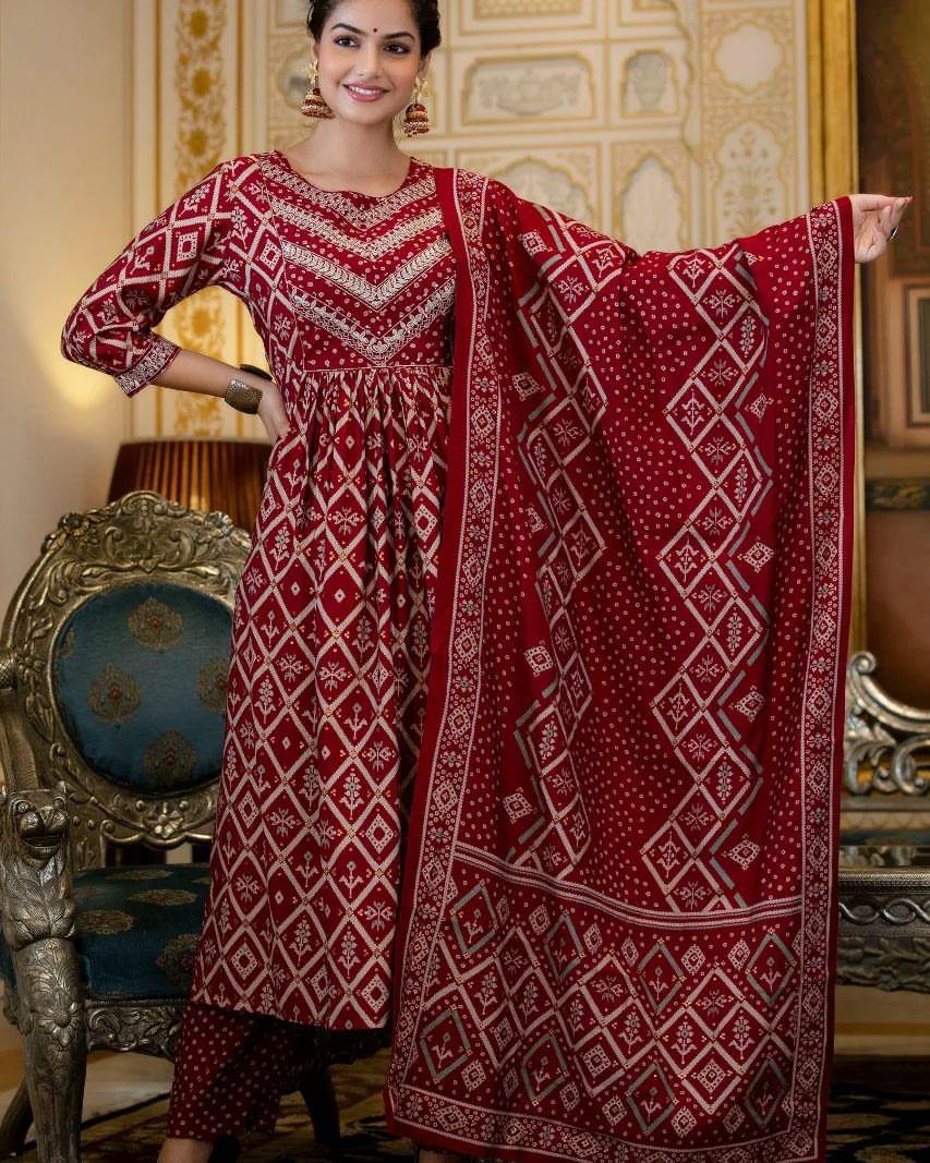 Ramadan Collection, Palistani Nyra Cut Designer Long Flared Cotton Anarkali Kurta with Pant & Dupatta, Ramadan Collection3 piece Readymade Partywear Flared Kurta Set for women