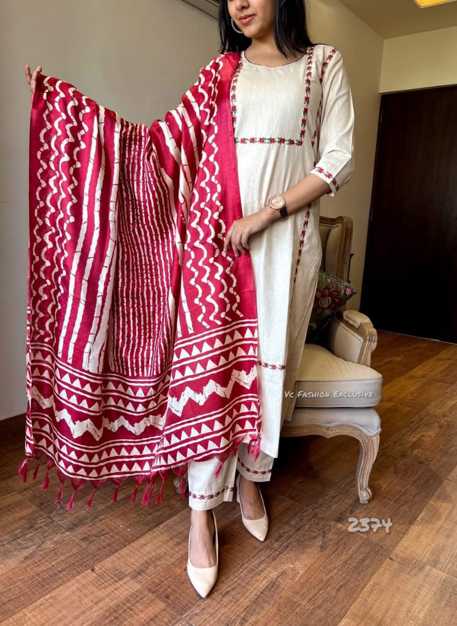 Ramadan Collection,Beautiful Printed Khadi Cotton Kurta with Pant & Dupatta Set, Designer Indian Suits for Women 3 piece Ready to wear