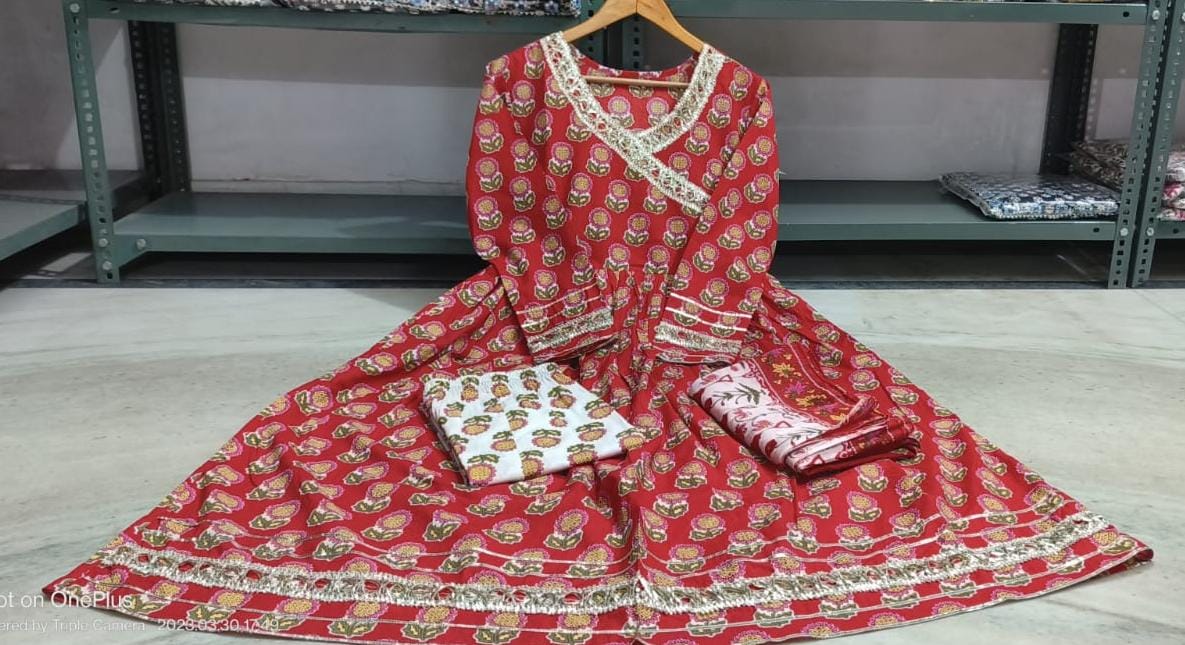 Summer Print Cotton Anarkali Suit With Dupatta Full 3 Piece Set Printed cotton Pakistani suit hand block print gota lace work /pant and dupatta set with gotta lace