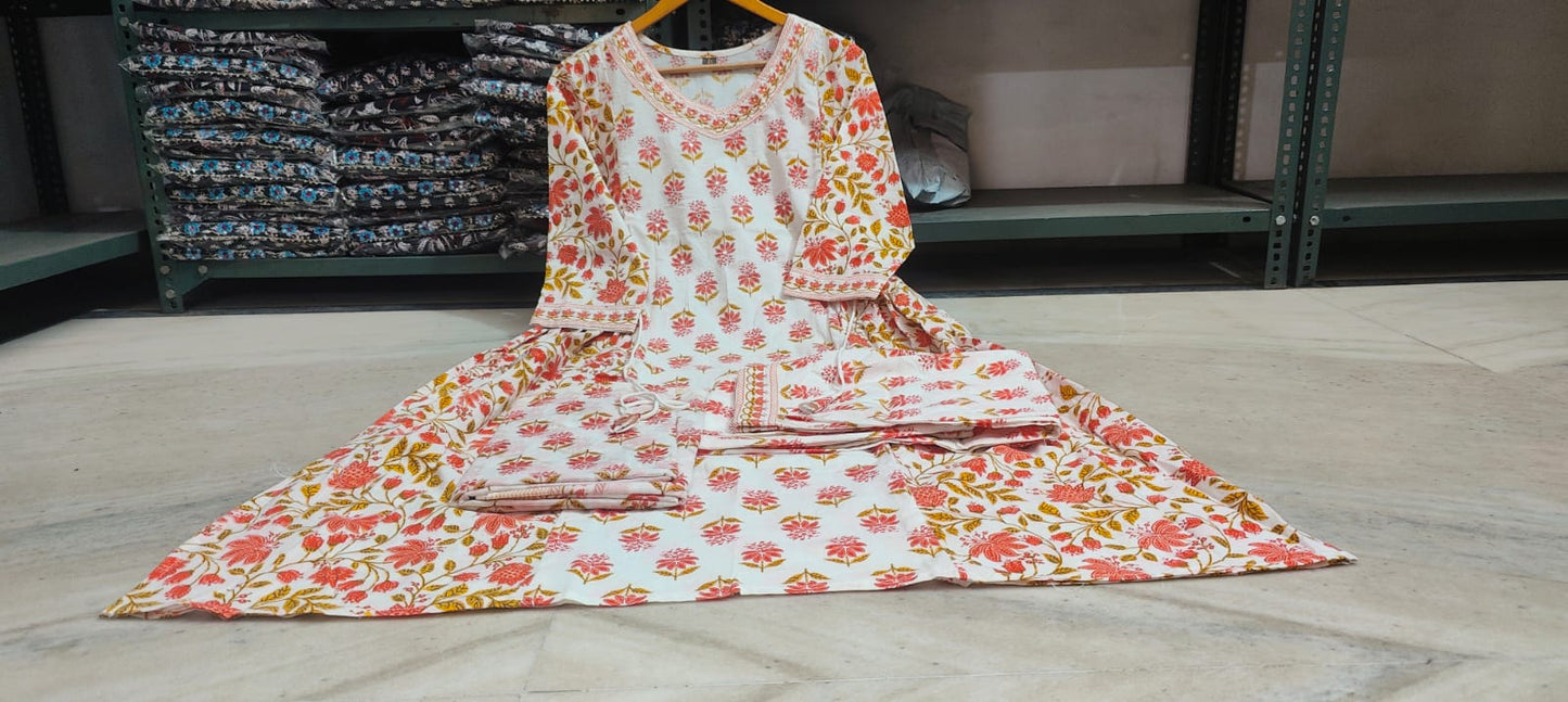 Summer Print Cotton Afgani Suit With Duppata Full 3 Piece Set, Women Cotton Blockprint Suit