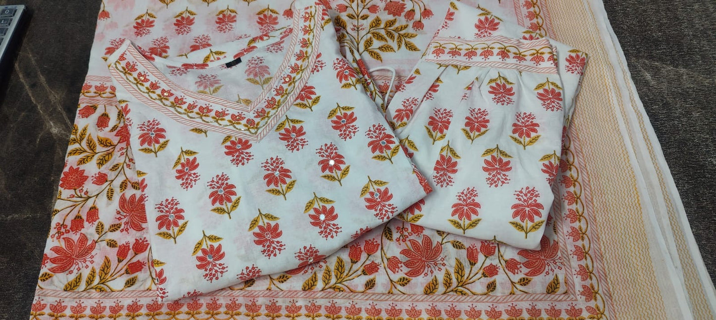 Summer Print Cotton Afgani Suit With Duppata Full 3 Piece Set, Women Cotton Blockprint Suit