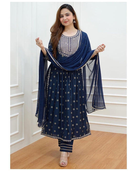 Beautiful 3 piece Blue Nyra Cut Salwar Kameez with Duppatta, Indian Designer Festive/ Partywear Straight Kurta with Pant set Readymade