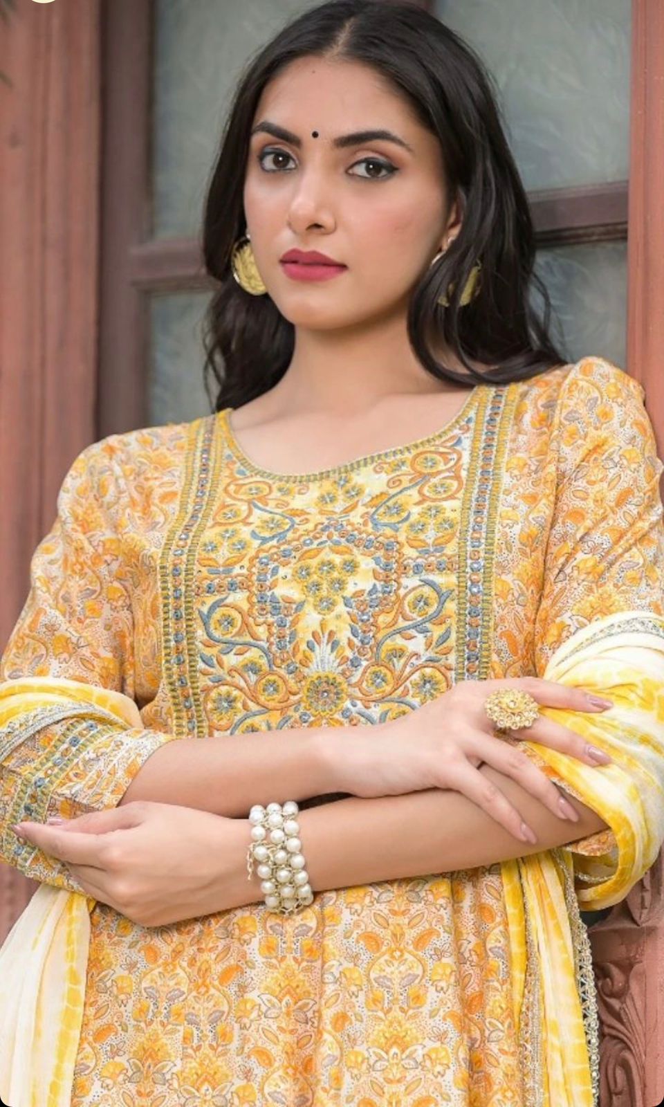 Yellow Printed Cotton Anarkali Suit With Dupatta Full 3 Piece Set Printed cotton Pakistani suit hand block print pant and dupatta set